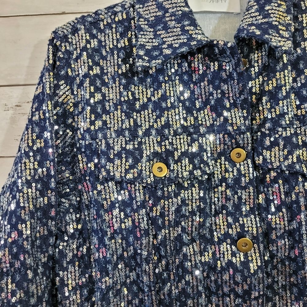 Boutique Denim Blue Jacket Silver Sequin Embellished Brass Button Raw Hem Sz XS - Picture 9 of 12